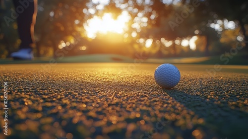 A golfer prepares to putt as the sun sets over the green at a beautiful golf ...