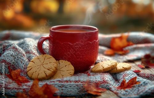 Warm autumn vibes with a steaming cup of tea and cookies surrounded by colorf...