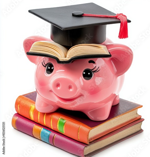 A cheerful piggy bank wearing a graduation cap rests atop a stack of colorful...