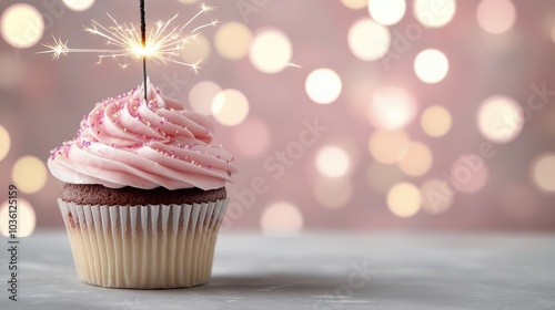 A festive cupcake with pink frosting and a sparkler against a bokeh background