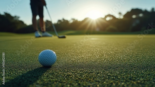 A golfer prepares to putt as the sun sets over the green at a beautiful golf ...