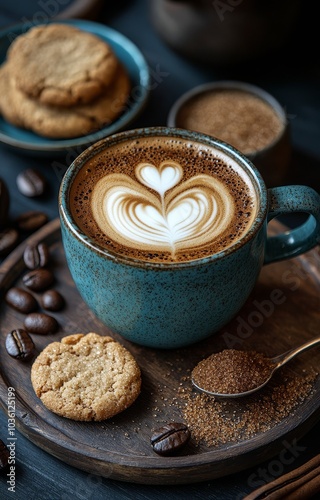 Enjoying a warm cup of coffee and cookies on a cozy wooden table in a cafe se...