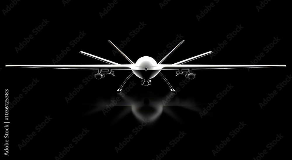 Sleek drone shown on black backdrop. A modern unmanned aerial vehicle is prominently showcased with striking design elements against a deep black background. Sleek drone shown on black backdrop. A modern unmanned aerial vehicle is prominently showcased with striking design elements against a deep black background.