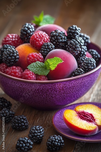 Freshly picked berries and peaches arranged in a purple bowl on a wooden table