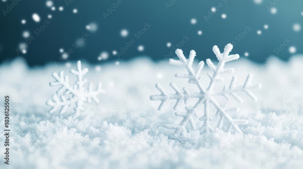 Delicate snowflakes falling gently on a snow-covered field, tranquil scene Delicate snowflakes falling gently on a snow-covered field, tranquil scene