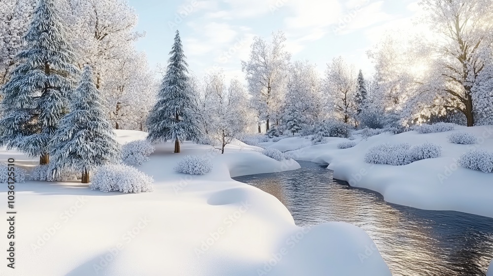 Snow-covered pine trees surround an icy river reflecting the colors of the setting sun, capturing the tranquility of a winter evening Snow-covered pine trees surround an icy river reflecting the colors of the setting sun, capturing the tranquility of a winter evening