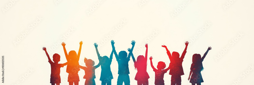 Silhouettes of children with arms raised in the air, a colorful and joyful image. Silhouettes of children with arms raised in the air, a colorful and joyful image.