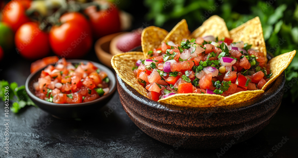 Salsa and tortilla chips on table. A vibrant bowl of fresh salsa with tortilla chips and a variety of vegetables in the background, perfect for sharing. Salsa and tortilla chips on table. A vibrant bowl of fresh salsa with tortilla chips and a variety of vegetables in the background, perfect for sharing.