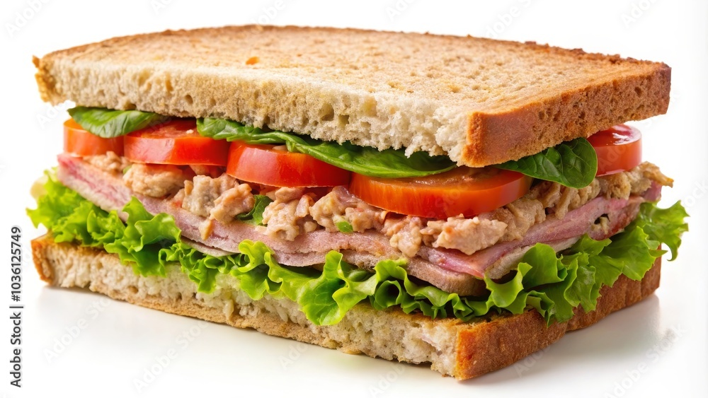 Delicious sandwich is prepared with whole wheat bread, tuna, ham, lettuce and tomatoes Delicious sandwich is prepared with whole wheat bread, tuna, ham, lettuce and tomatoes