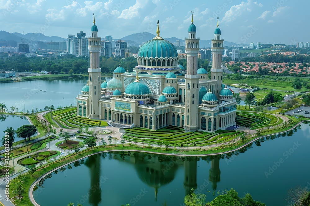Obraz premium An aerial view of a beautiful mosque with blue domes and minarets.