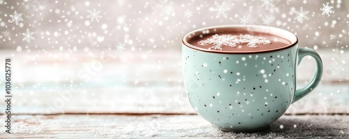 Delicate snowflakes falling onto a porcelain mug of hot chocolate, cozy winter moment photo