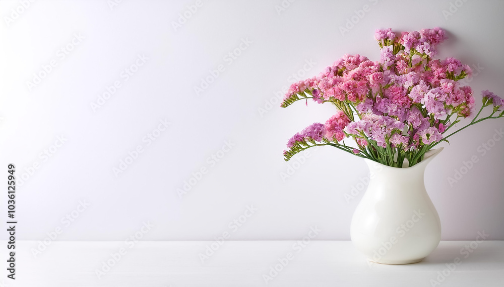 A delicate display of pink limonium sinuatum, statice, flowers in a simple white vase on side position provides copy space for text. background concept isolated white A delicate display of pink limonium sinuatum, statice, flowers in a simple white vase on side position provides copy space for text. background concept isolated white