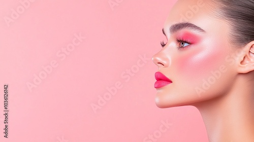 Elegant side profile shot, vibrant pink blush, radiant and glowing skin, pastel pink background, modern and artistic makeup, flawless beauty trends, minimalistic elegance