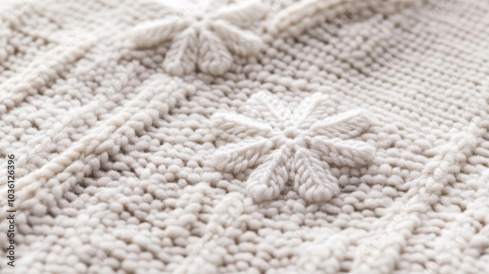 Delicate snowflakes landing on a knitted blanket, cozy winter textures Delicate snowflakes landing on a knitted blanket, cozy winter textures