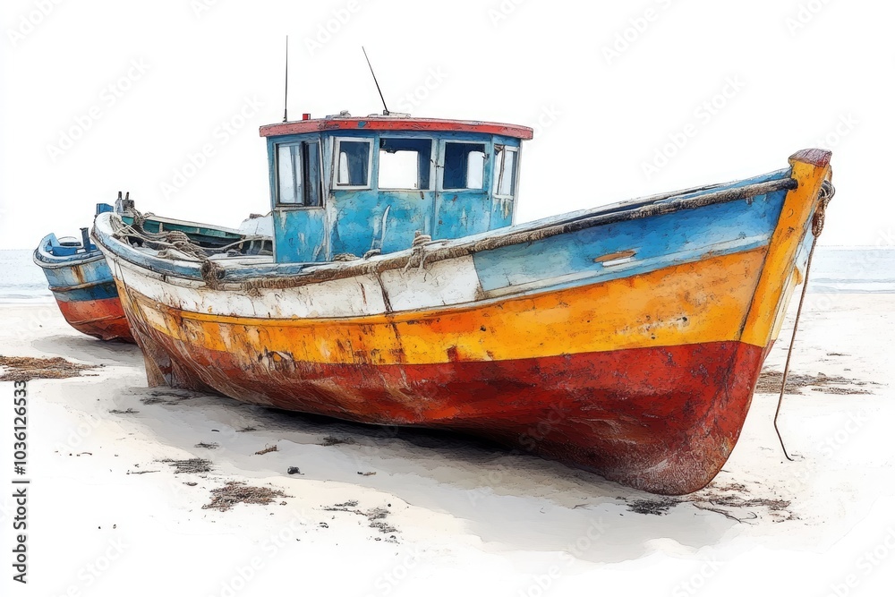 A Worn and Weathered Fishing Boat Rests on the Sandy Shore A Worn and Weathered Fishing Boat Rests on the Sandy Shore