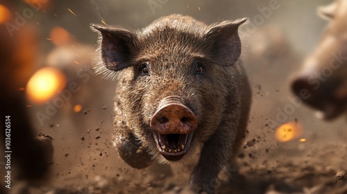 Dramatischer Wildschweinangriff durch feurige Explosionen in der Natur photo