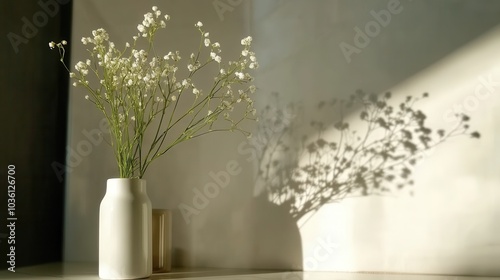 Frühlingshafte Ruhe: Schleierkraut in weißer Vase mit natürlichem Schattenspiel für minimalistisches Design photo