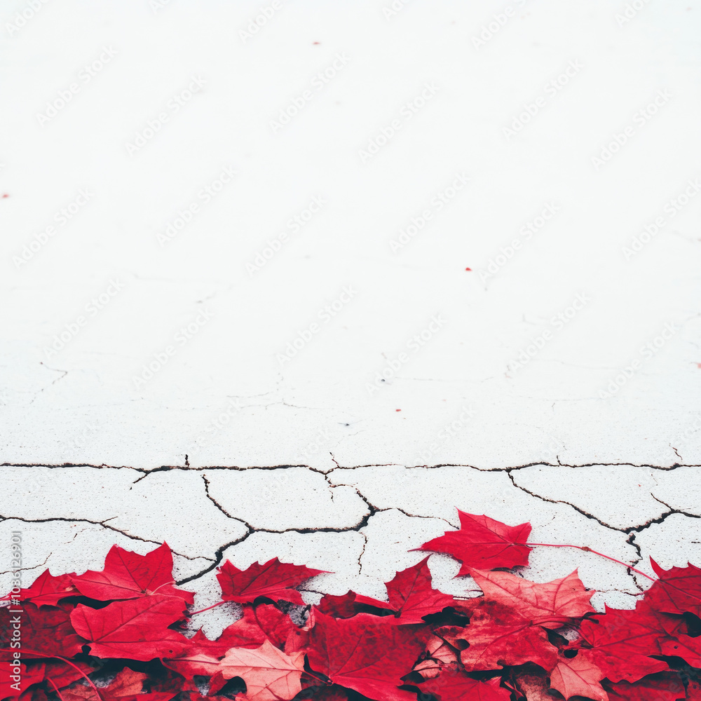 Red autumn leaves on a cracked white surface. Red autumn leaves on a cracked white surface.