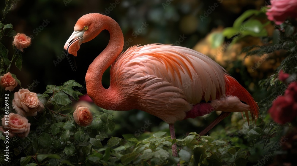 Fototapeta premium Eleganter Flamingo inmitten blühender Rosen in üppiger Gartenkulisse für Frühlingsthemen