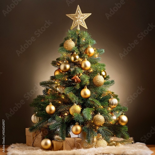 Weihnachtsbaum in voller Pracht mit glänzenden goldenen Kugeln photo