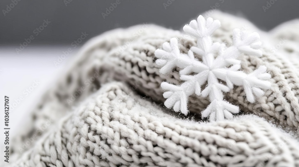 Delicate snowflakes on a woolen scarf, soft textures in winter cold Delicate snowflakes on a woolen scarf, soft textures in winter cold