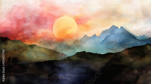 Majestätische Bergkette im Morgengrauen - Aquarellkunst für Naturdekor und digitale Medien photo