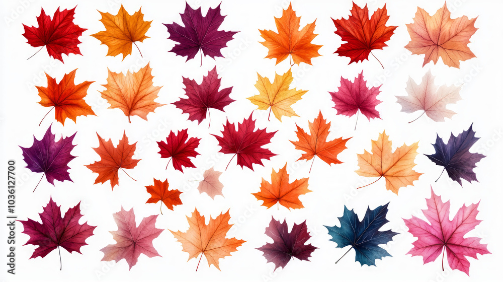A collection of vibrant autumn leaves in various shades of red, orange, yellow, and purple. A collection of vibrant autumn leaves in various shades of red, orange, yellow, and purple.