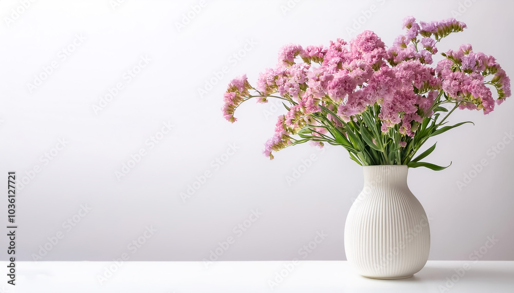 A delicate display of pink limonium sinuatum, statice, flowers in a simple white vase on side position provides copy space for text. background concept isolated white A delicate display of pink limonium sinuatum, statice, flowers in a simple white vase on side position provides copy space for text. background concept isolated white