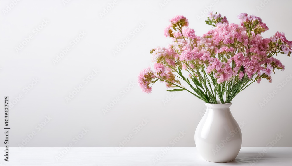A delicate display of pink limonium sinuatum, statice, flowers in a simple white vase on side position provides copy space for text. background concept isolated white A delicate display of pink limonium sinuatum, statice, flowers in a simple white vase on side position provides copy space for text. background concept isolated white