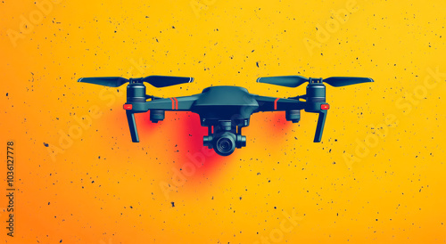 Drone on vibrant orange background. A drone with multiple rotors floats against a bright orange background, showcasing its sleek design and innovative technology. photo