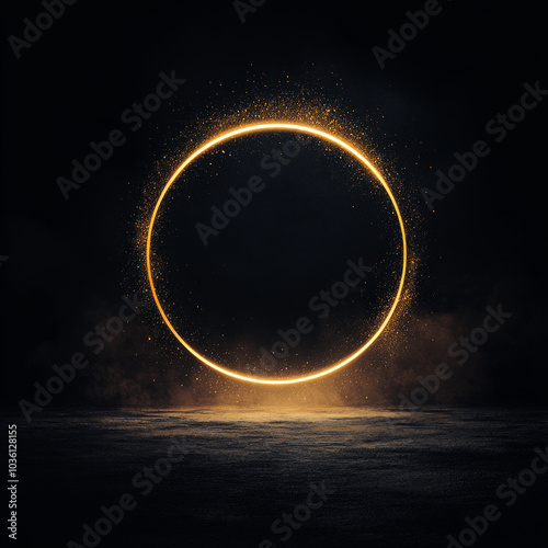 A glowing gold ring hovers above a dark, textured surface.