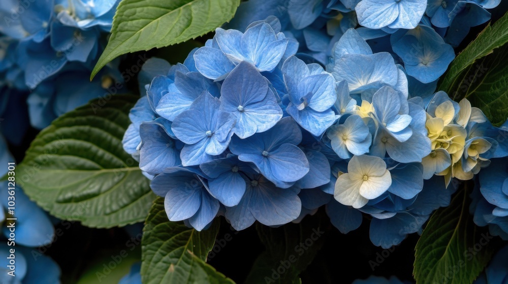 Lebendige Ansammlung blauer Hortensien für die Gartengestaltung und Frühlingsdekoration Lebendige Ansammlung blauer Hortensien für die Gartengestaltung und Frühlingsdekoration
