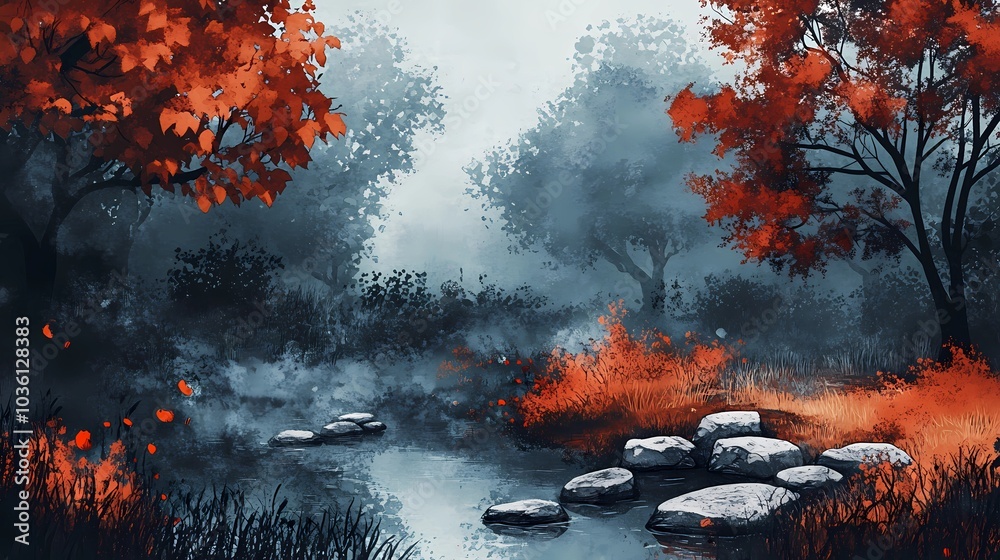 Fototapeta premium Autumn creek flowing gently through a park, with orange and yellow leaves covering the ground and vibrant trees reflecting in the water.