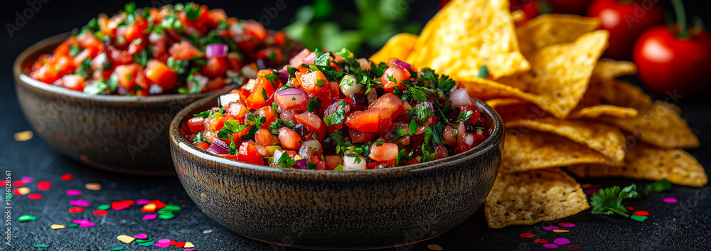 Salsa and chips in a festive vibe. Two bowls of vibrant salsa made with fresh tomatoes and herbs accompany a pile of crispy tortilla chips, perfect for sharing. Salsa and chips in a festive vibe. Two bowls of vibrant salsa made with fresh tomatoes and herbs accompany a pile of crispy tortilla chips, perfect for sharing.