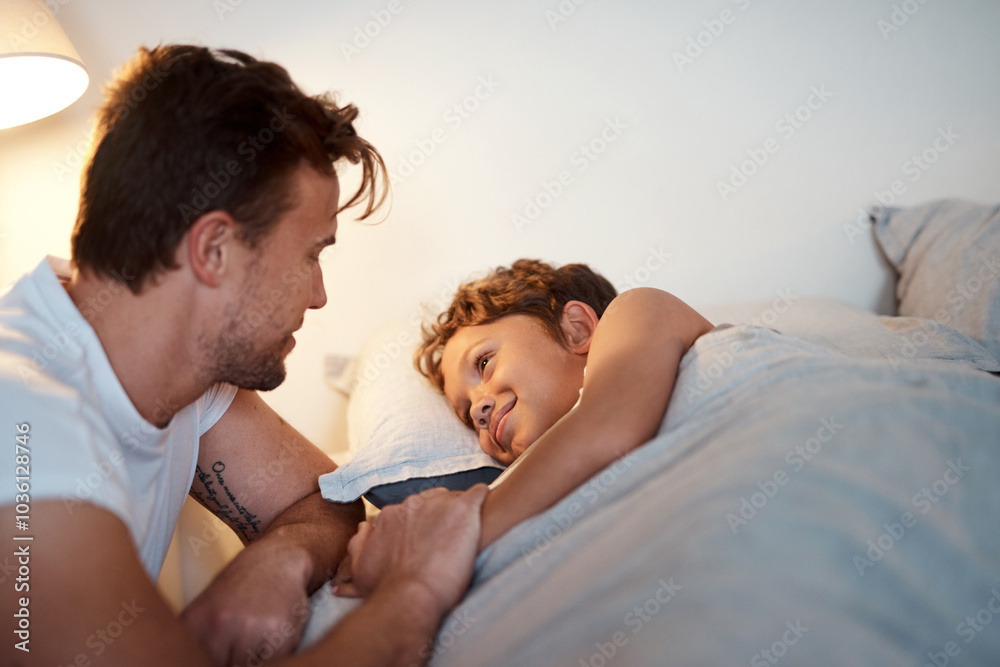 Relax, bonding and father with child in bedroom at night preparing for ...