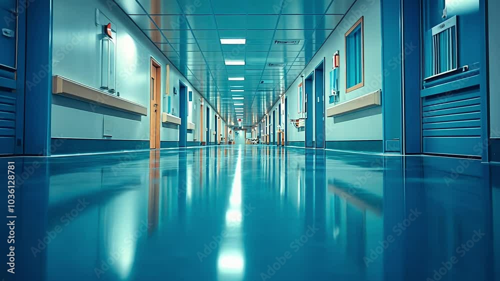 Exploring an Empty Hospital Corridor With Bright Lighting and Polished Floors During Daytime Hours Exploring an Empty Hospital Corridor With Bright Lighting and Polished Floors During Daytime Hours