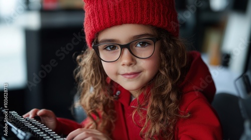 Kinderautorenkonzept mit Schreibmaschine im gemütlichen Winteroutfit für kreative Schreibthemen photo