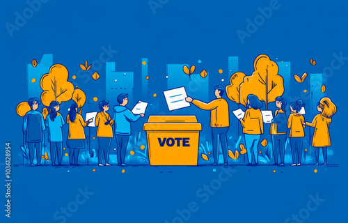 Community members gather to vote in an urban park. People of various ages participate in a lively voting event in an urban park surrounded by colorful trees during autumn.