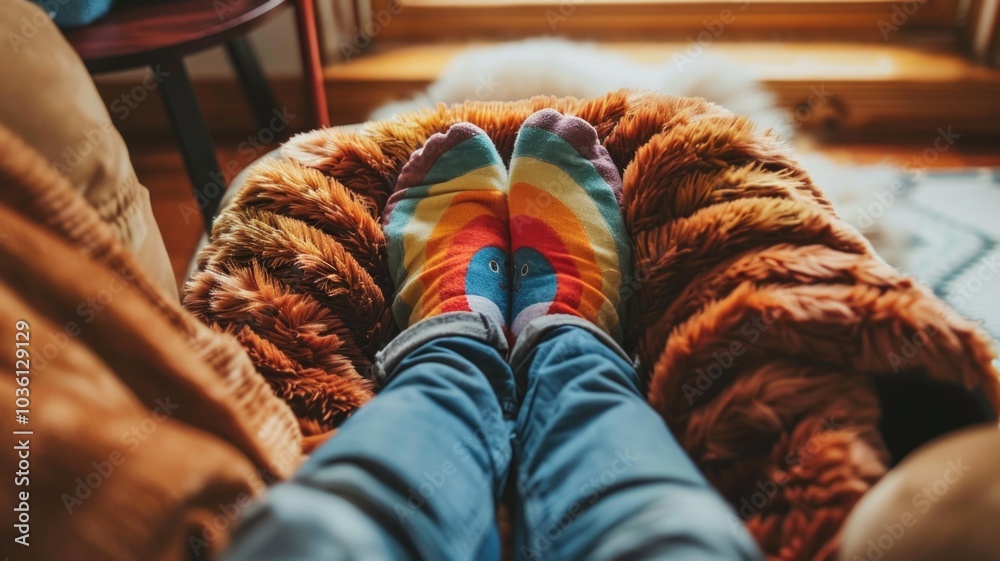 Cozy autumn afternoon with colorful socks and warm blanket by the window,Odd Socks Day Cozy autumn afternoon with colorful socks and warm blanket by the window,Odd Socks Day