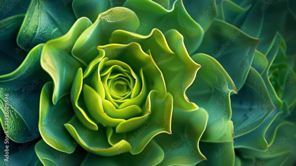 Obraz premium A macro shot of a succulent reveals a symphony of shades of green from bright lime to deep emerald layered in a mesmerizing pattern.