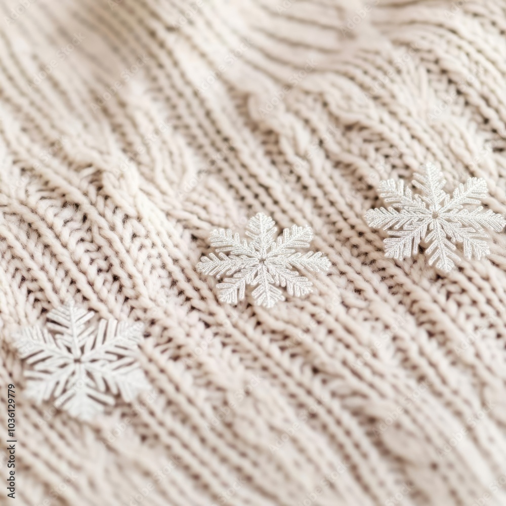 Snowflakes gently resting on a wool sweater, warm textures in cold air Snowflakes gently resting on a wool sweater, warm textures in cold air