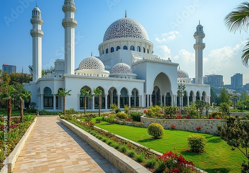 A white mosque with a large dome and minarets, set against a blue sky. photo