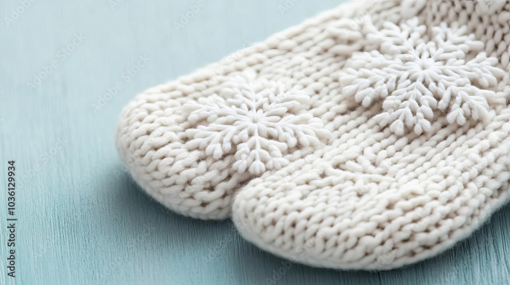 Snowflakes landing on a knitted mitten, cozy winter fashion detail Snowflakes landing on a knitted mitten, cozy winter fashion detail