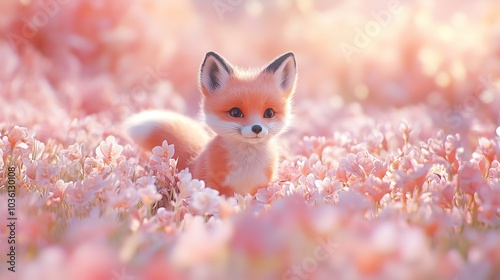 3D Cute Baby Fox Playing in a Pastel-Colored Landscape with Flowers