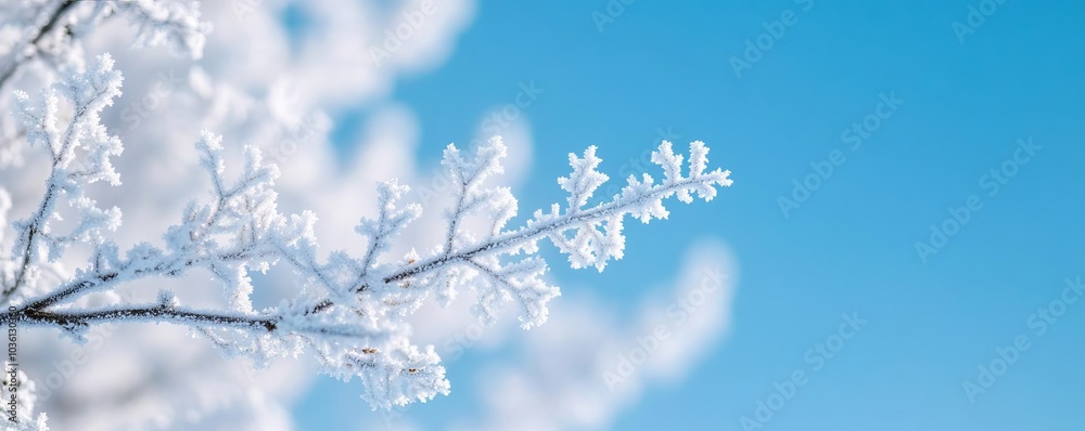 Snowflakes on a frosty tree branch, peaceful winter landscape Snowflakes on a frosty tree branch, peaceful winter landscape