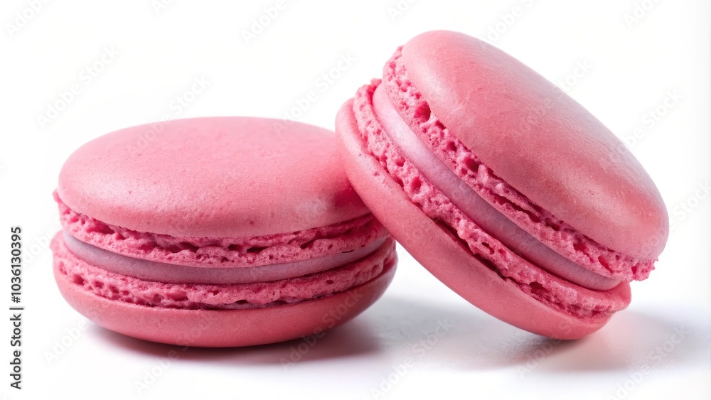 Two pink macarons are laying on a white reflective surface Two pink macarons are laying on a white reflective surface