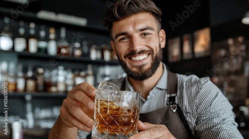 Vintage-Barkeeper mixt Cocktails in einer stilvollen Flüsterkneipe im Stil der 1920er Jahre für Frühlingstreffen photo