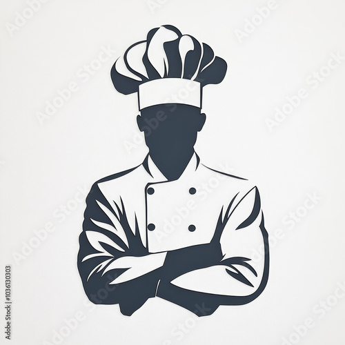 Silhouette of a chef in a chef's hat and uniform.