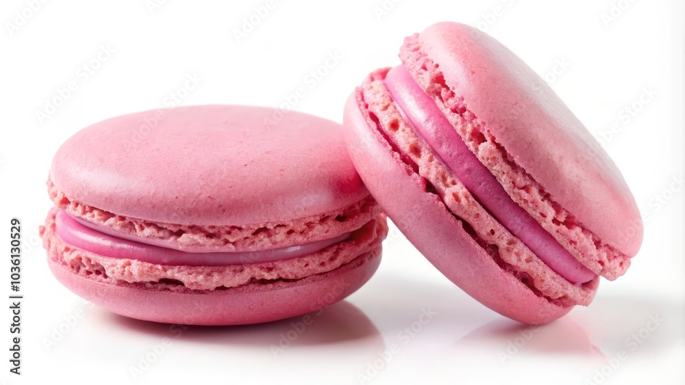 Two pink macarons are laying on a white reflective surface Two pink macarons are laying on a white reflective surface