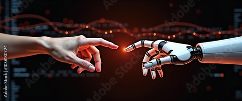A human hand and a robotic hand reaching towards each other, symbolizing technology, connection, and collaboration in a digital world with dynamic data in the background.


